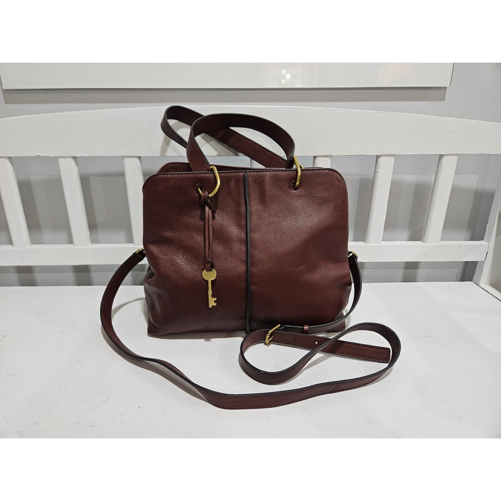 Fossil Lane Satchel Crossbody Bag Burgundy Leather Gold Hardware Key Charm